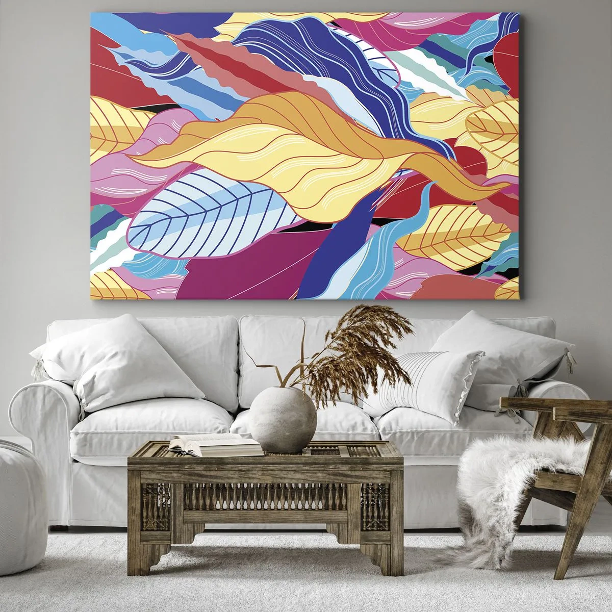 Canvastavla - Bild på duk - Färgglada blad skapar en dynamisk komposition - 70x50cm - Färgglad röra - Modern väggdekoration för vardagsrum och sovrum ARTTOR
