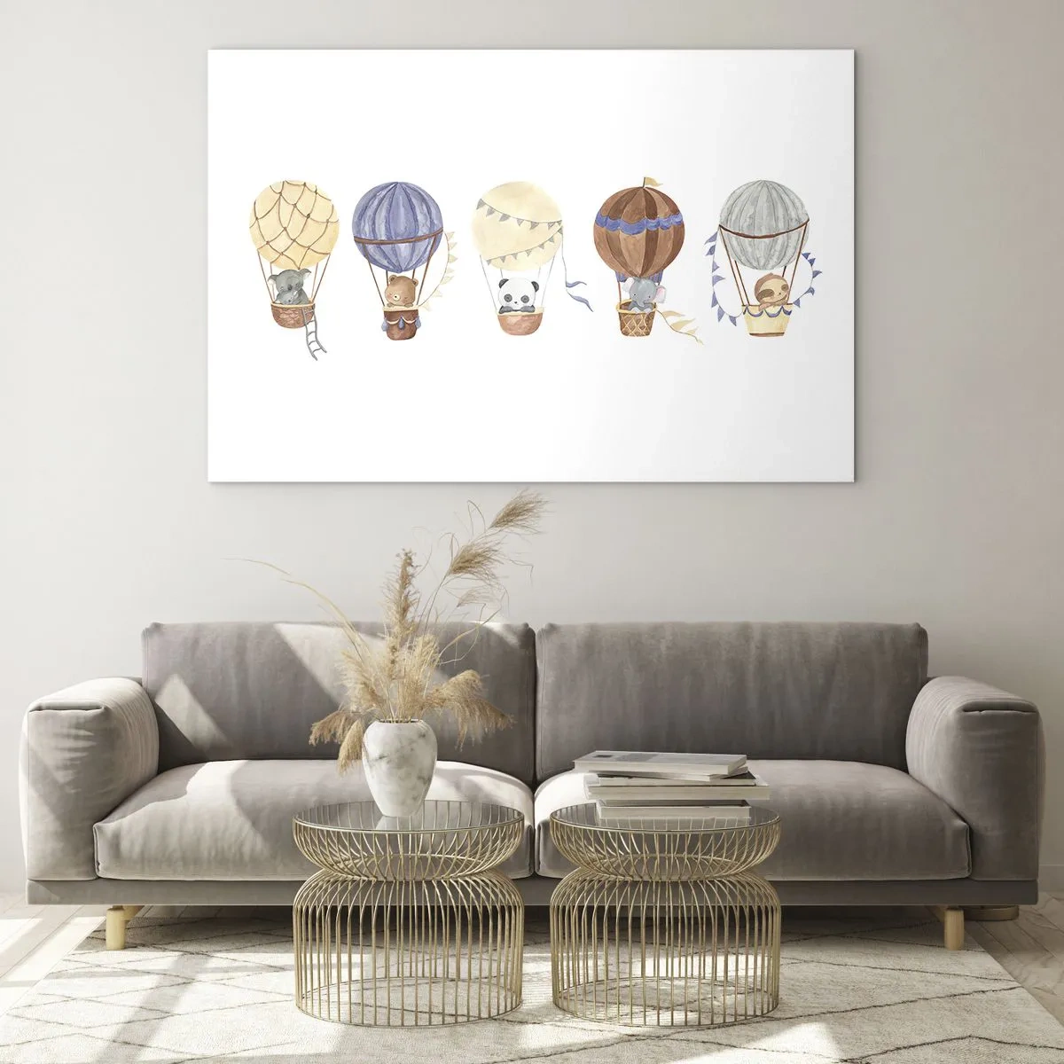 Glastavla - Bild på glas - Djur som flyger i ballonger i akvarellstil - 70x50cm - Vänner på en resa - Modern väggdekoration för vardagsrum och sovrum ARTTOR