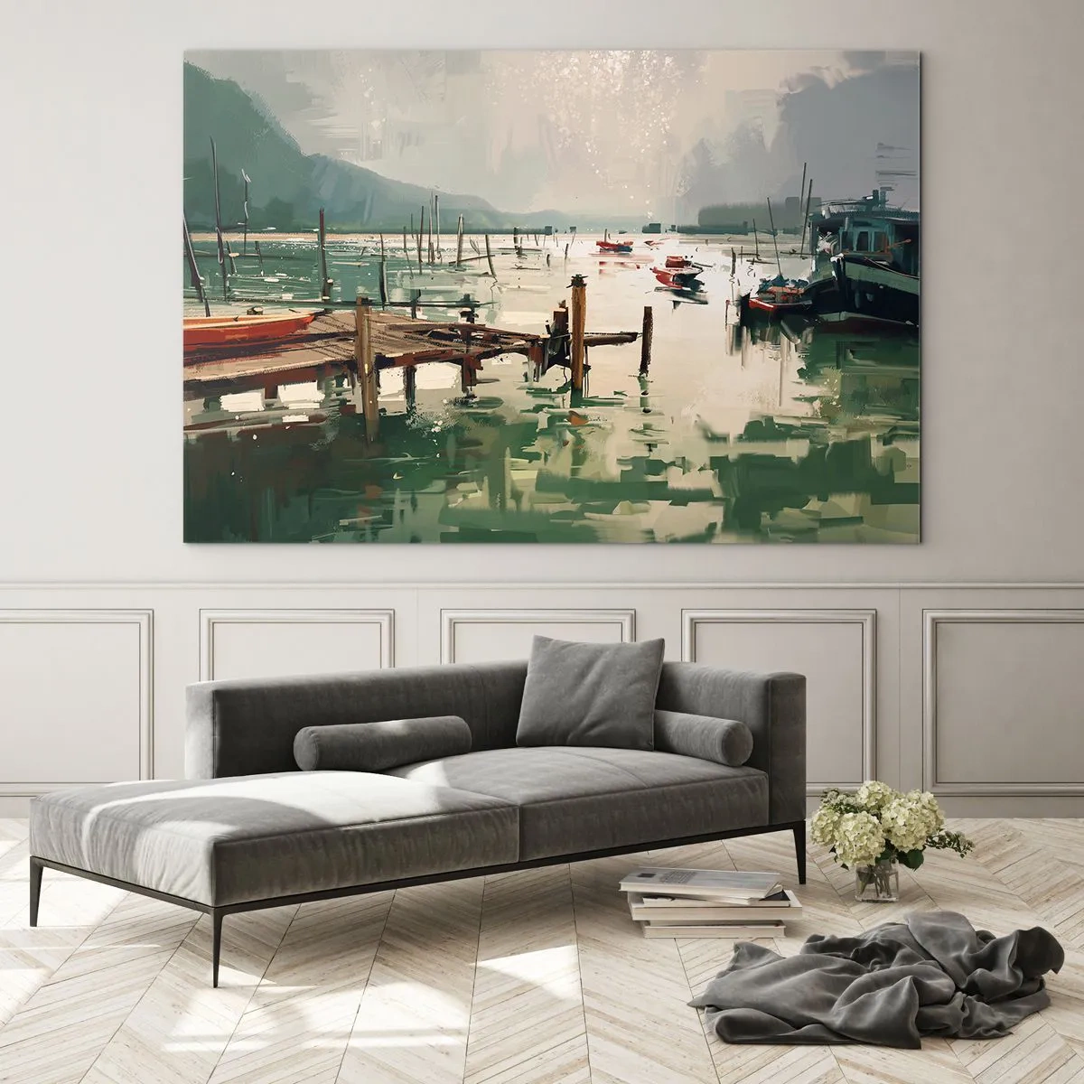 Glastavla - Bild på glas - En träbrygga och båtar på lugnt vatten omgivet av berg - 70x50cm - Täckt med smält måne - Modern väggdekoration för vardagsrum och sovrum ARTTOR