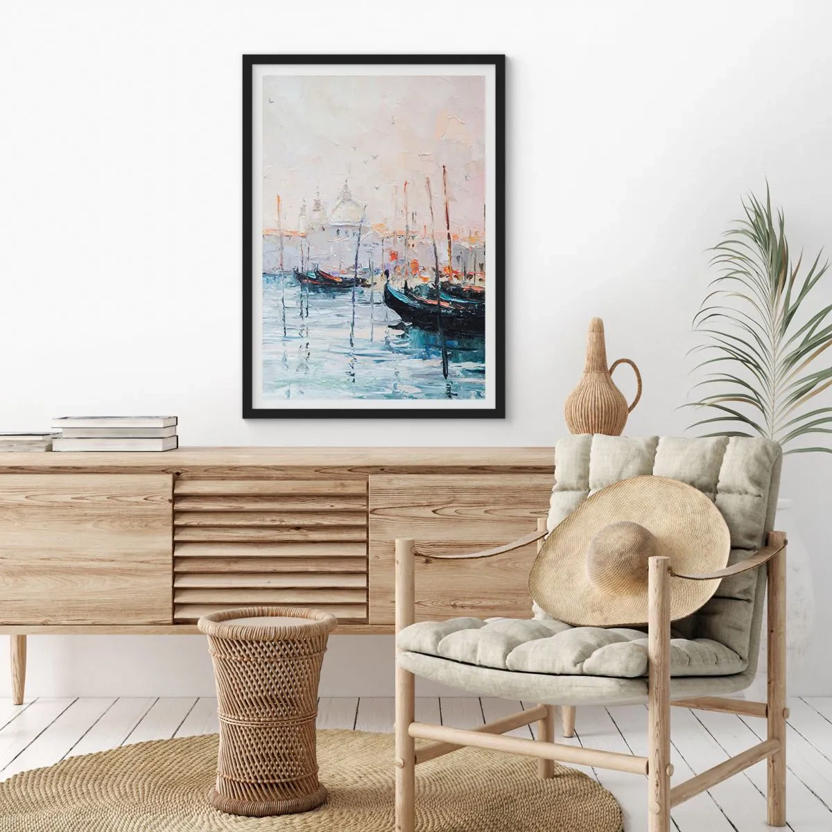 Affisch i svart ram - Venedig med gondoler i impressionistisk måleristil - 50x70cm - Bortom vatten, bortom dimma - Modern väggdekoration för vardagsrum och sovrum ARTTOR