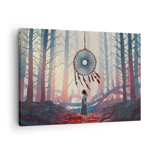 Canvastavla - Bild på duk - Skogsscen med en gigantisk drömfångare - 70x50cm - Hemlighetsfull ritual av lyckan - Modern väggdekoration för vardagsrum och sovrum ARTTOR