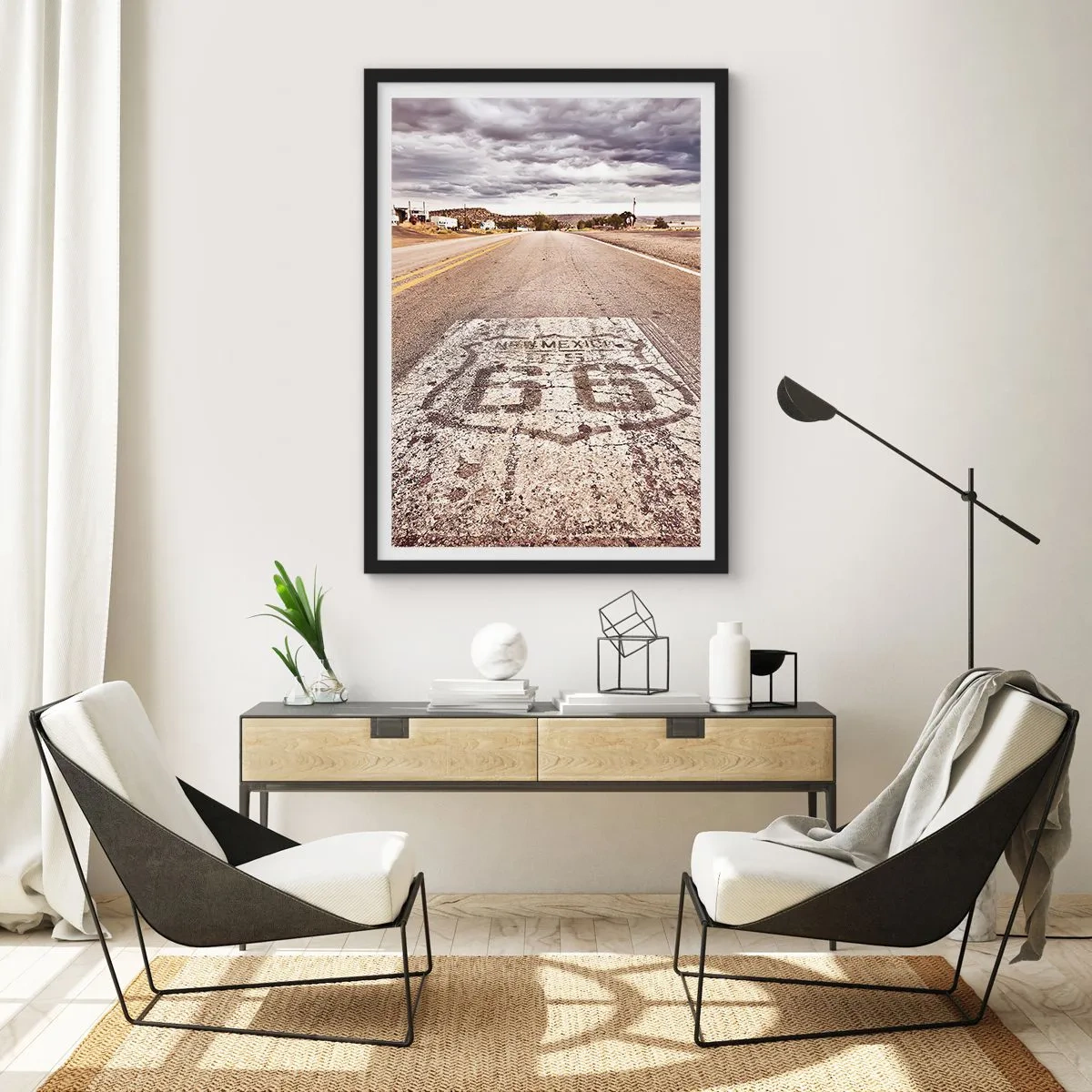 Affisch i svart ram - En väg med Route 66-symbolen som leder genom ett ökenlandskap - 50x70cm - Mother Road - amerikanska legenden - Modern väggdekoration för vardagsrum och sovrum ARTTOR
