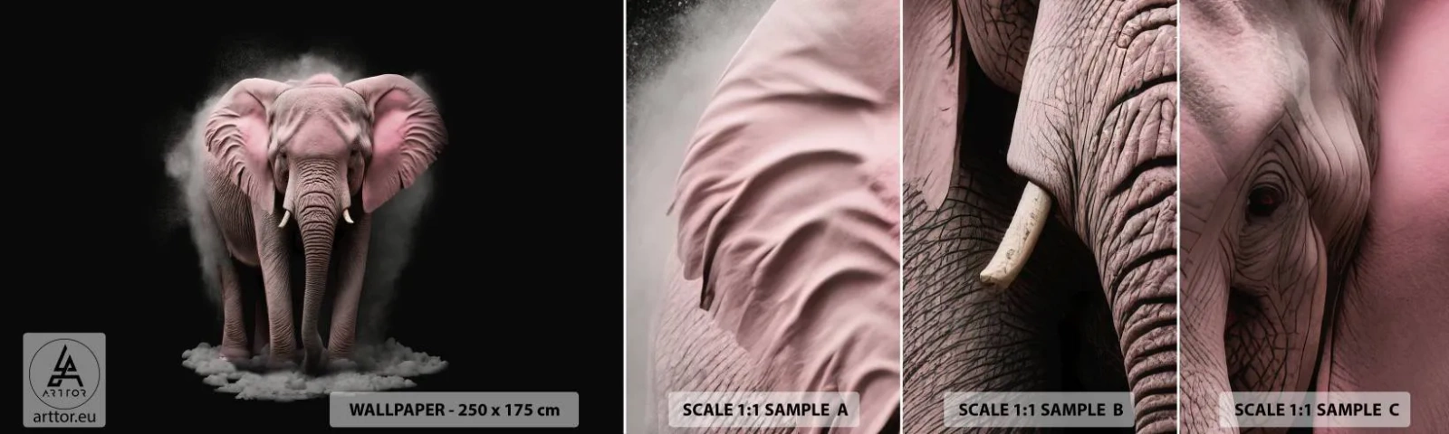 Provbit av självhäftande fototapet Deluxe Sticker - Tänk inte på en rosa elefant! - Sol, Safari, Afrika - 100x30 cm