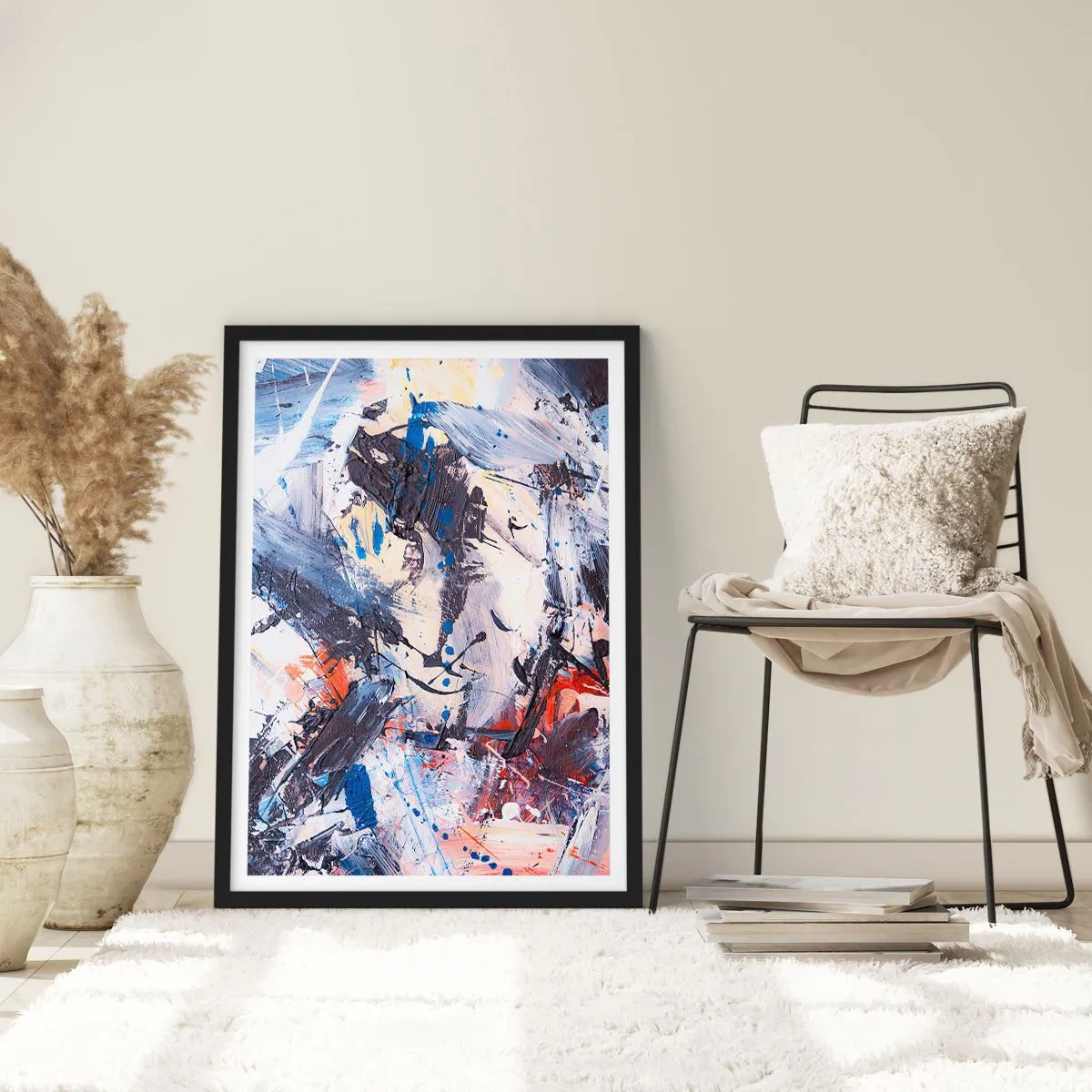 Affisch i svart ram - Abstrakt komposition i nyanser av blått och orange - 50x70cm - Abstraktionen galna dans - Modern väggdekoration för vardagsrum och sovrum ARTTOR