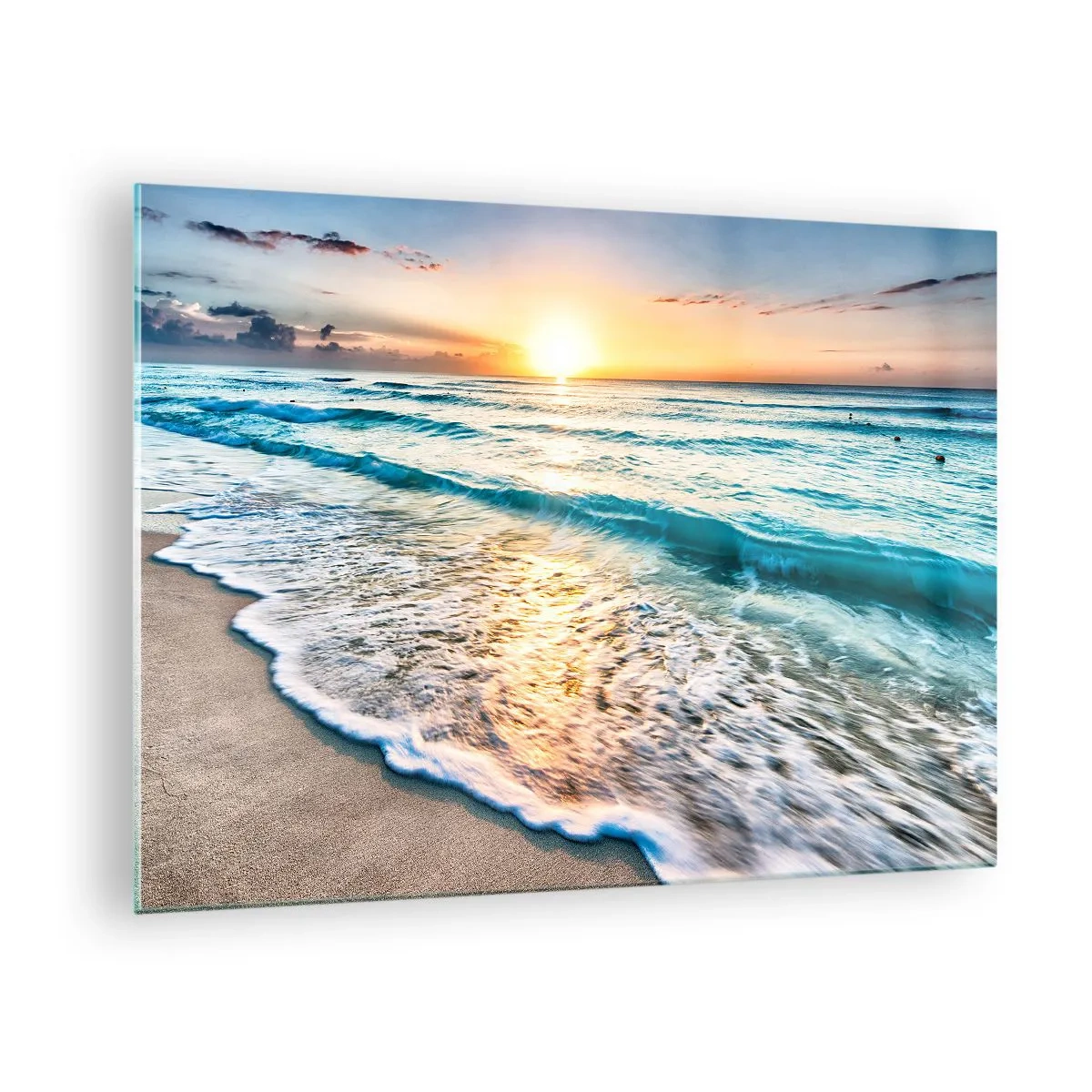 Glastavla - Bild på glas - Strand på morgonen med vågor och soluppgång - 70x50cm - Vy värd besväret - Modern väggdekoration för vardagsrum och sovrum ARTTOR