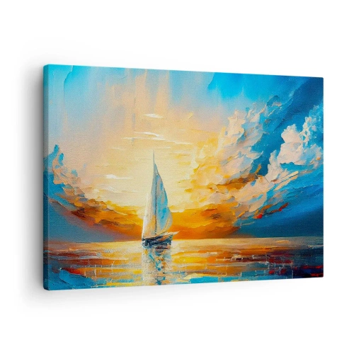 Canvastavla - Bild på duk - En segelbåt mot bakgrund av den nedgående solen och färgglada moln - 70x50cm - Segla i gult - Modern väggdekoration för vardagsrum och sovrum ARTTOR