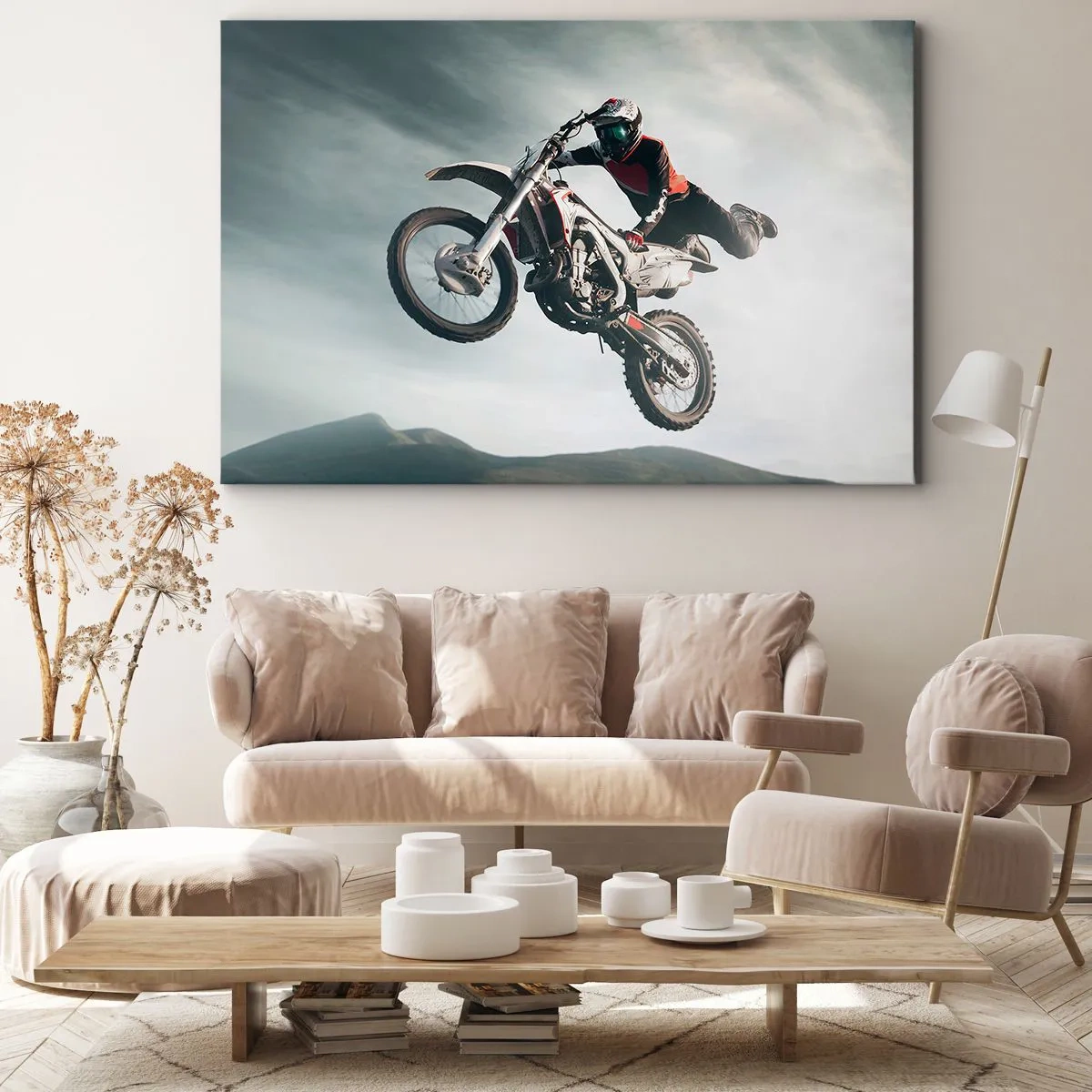 Canvastavla - Bild på duk - Motorcyklist i luften under ett hopp - 70x50cm - No risk, no fun - Modern väggdekoration för vardagsrum och sovrum ARTTOR