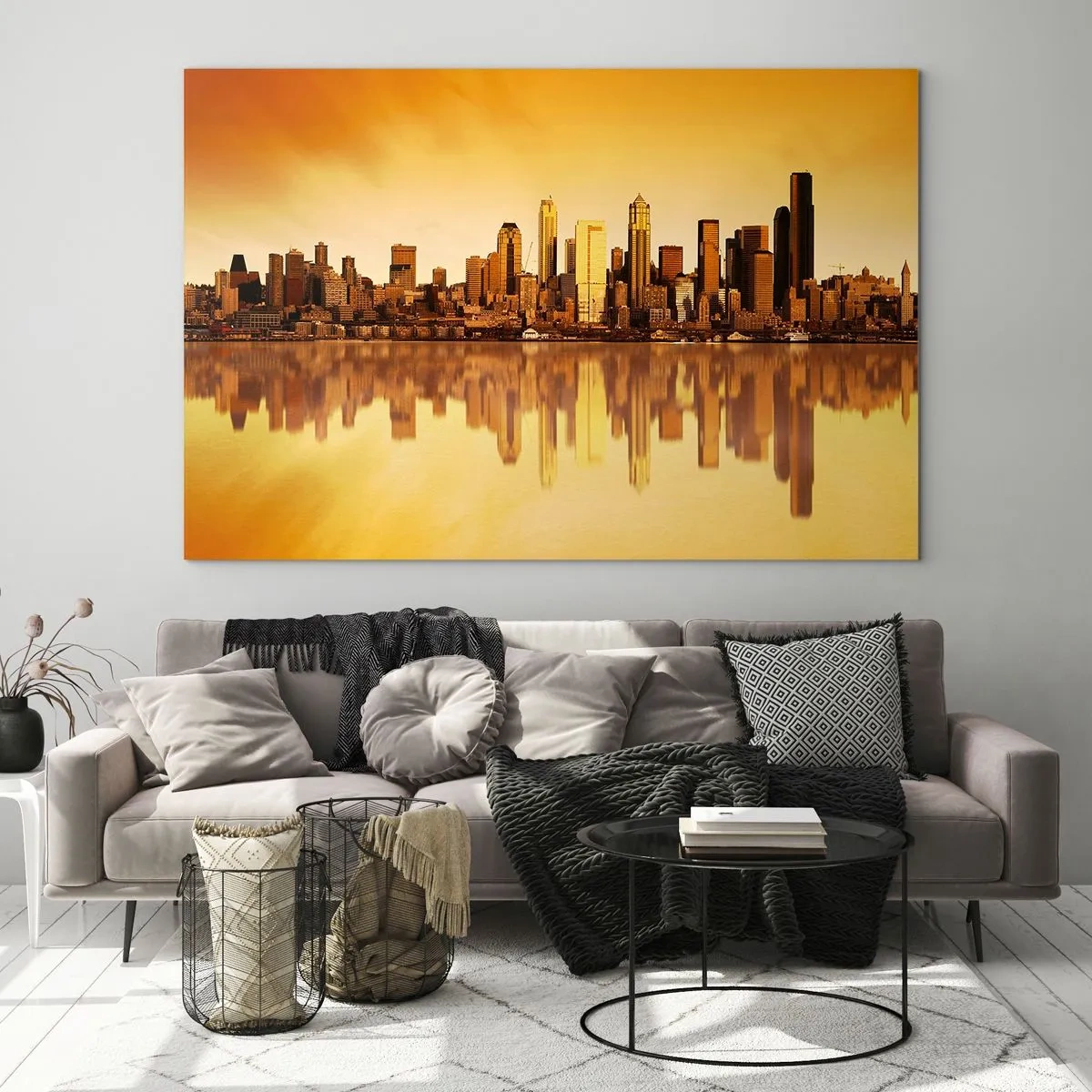 Glastavla - Bild på glas - Panorama över staden i solnedgångens gyllene ljus - 70x50cm - Metropolens tystnad - Modern väggdekoration för vardagsrum och sovrum ARTTOR