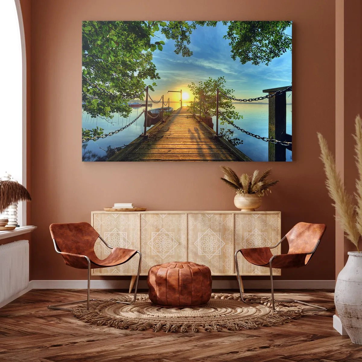 Canvastavla - Bild på duk - En pir över sjön i solnedgångens strålar - 70x50cm - Solnedgång vid vatten - Modern väggdekoration för vardagsrum och sovrum ARTTOR