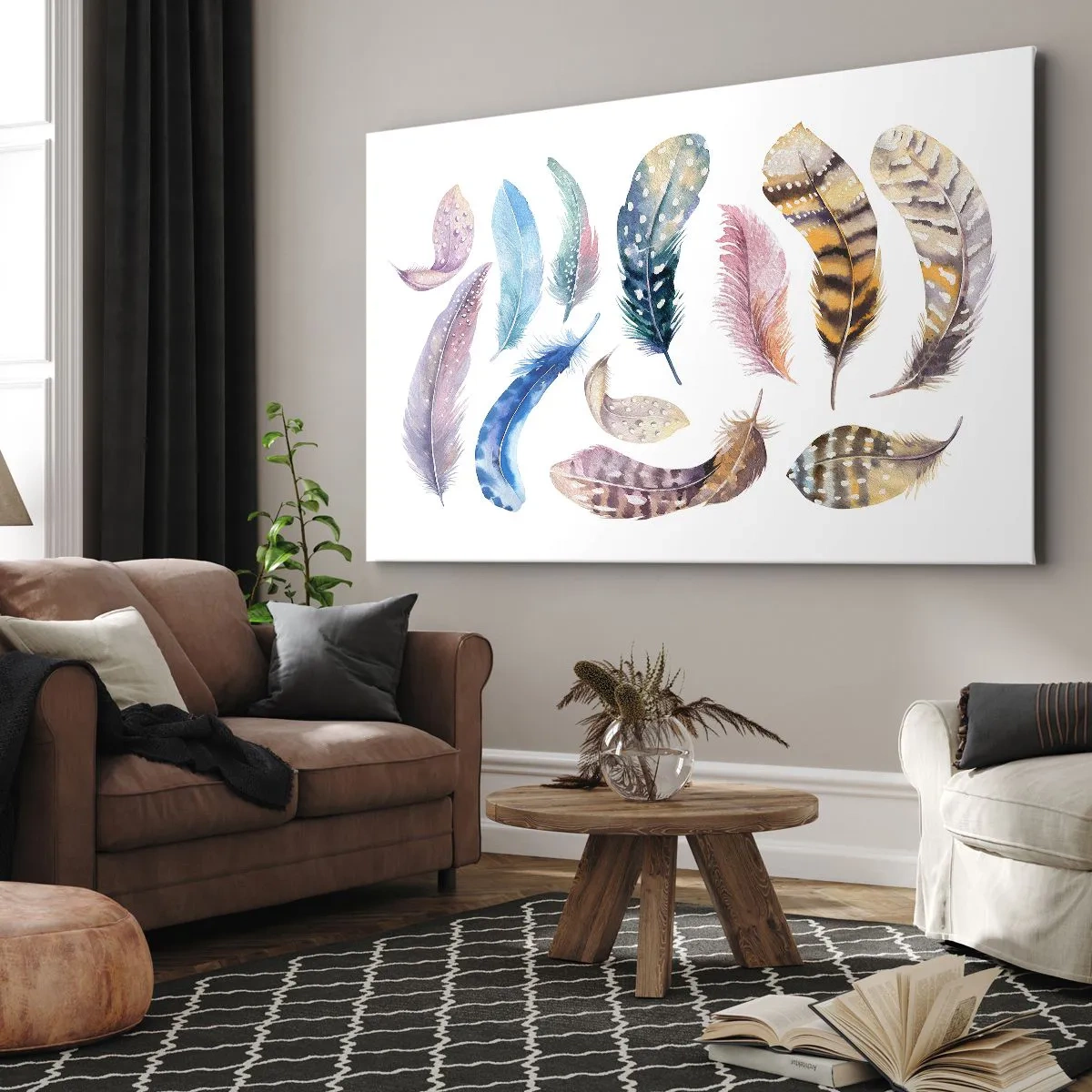 Canvastavla - Bild på duk - Färgglada fjädrar i en delikat akvarellstil - 70x50cm - Lätta, färgglada och färgrika - Modern väggdekoration för vardagsrum och sovrum ARTTOR