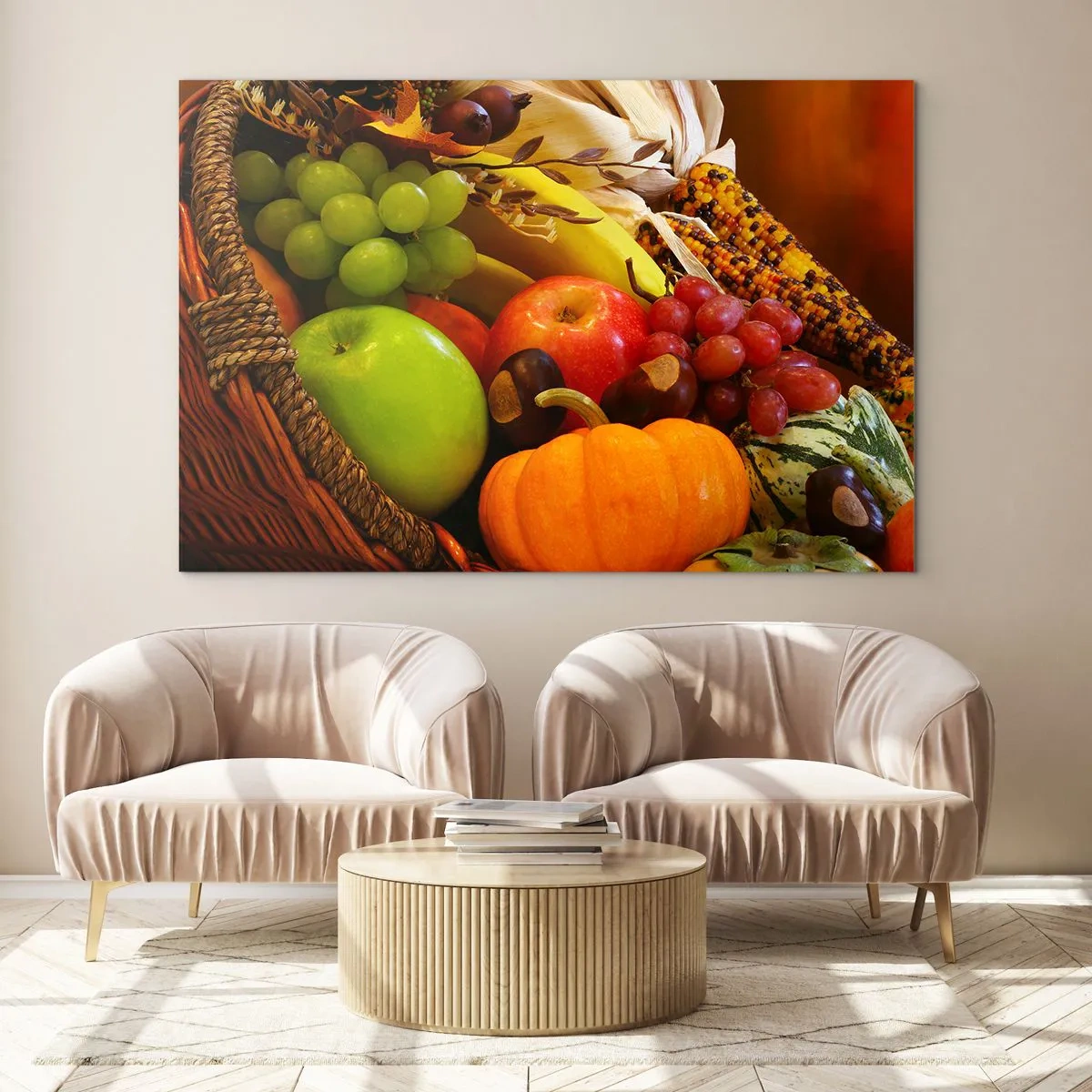 Glastavla - Bild på glas - En korg full med frukt och grönsaker i ett höstarrangemang - 70x50cm - Överflödets korg - Modern väggdekoration för vardagsrum och sovrum ARTTOR