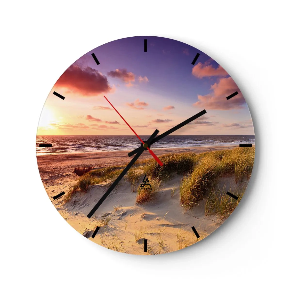 Väggklocka - Klocka på glas - En strand med sanddyner och en gyllene solnedgång över ett lugnt hav - 30x30cm - Luften luktar sommar - Modern väggdekoration för vardagsrum, kök och sovrum ARTTOR