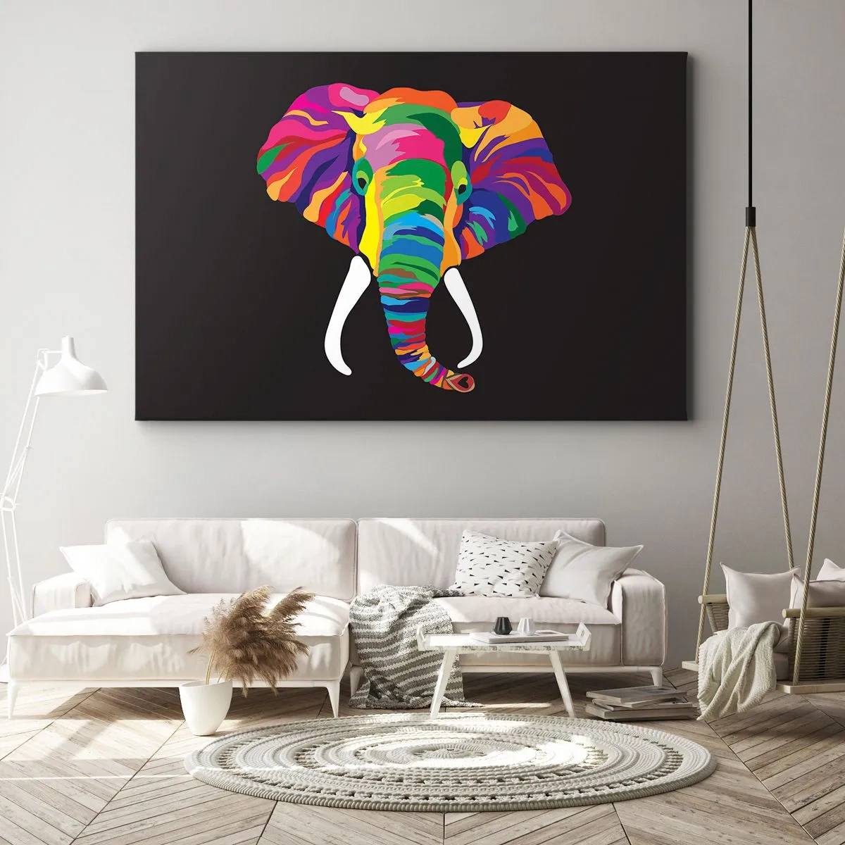 Canvastavla - Bild på duk - En färgglad bild av en elefant mot svart bakgrund - 70x50cm - Elefanten som älskade bada i regnbågen - Modern väggdekoration för vardagsrum och sovrum ARTTOR