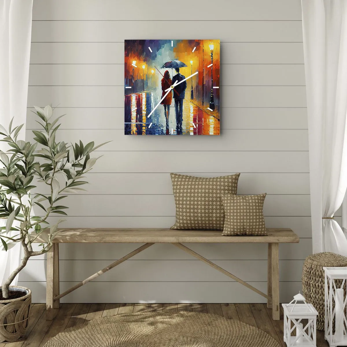 Väggklocka - Klocka på glas - Tillsammans - en färgglad natt - 30x30 cm