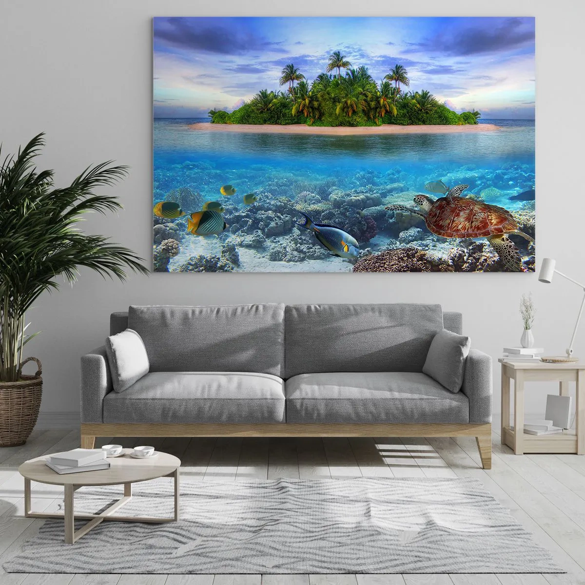 Glastavla - Bild på glas - En tropisk ö med korallrev och marint liv - 70x50cm - Himmelska ön hälsar välkommen - Modern väggdekoration för vardagsrum och sovrum ARTTOR