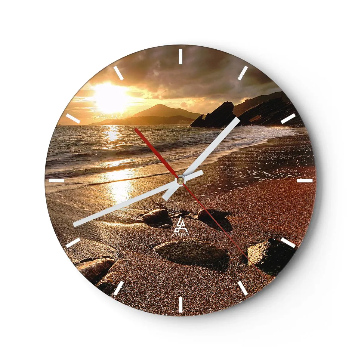 Väggklocka - Klocka på glas - Solnedgång över en sandstrand - 30x30cm - Följ solen mot kullarna - Modern väggdekoration för vardagsrum, kök och sovrum ARTTOR