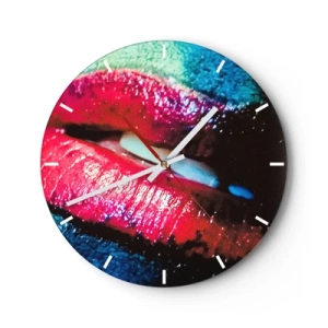Väggklocka - Klocka på glas - Konstnärlig närbild av läppar med intensiva färger - 30x30cm - Sensuella och oroväckande - Modern väggdekoration för vardagsrum, kök och sovrum ARTTOR