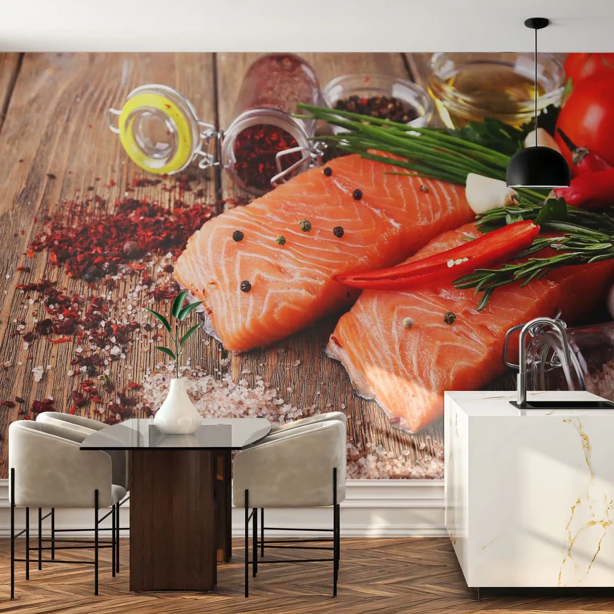 Fototapet Premium Canvas - Norskt äventyr i köket - Gastronomi, Lax, Kryddor - 250x175 cm