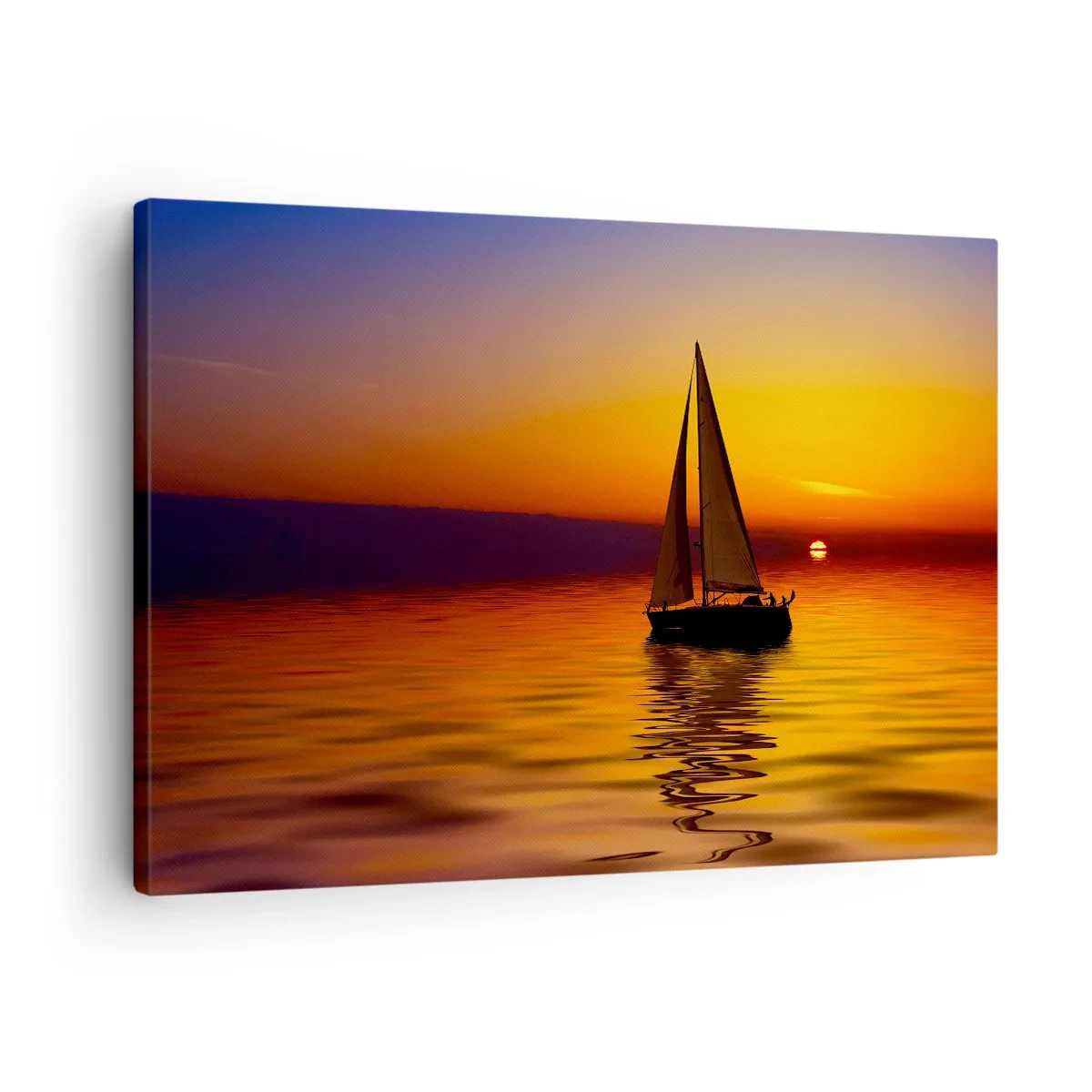 Canvastavla - Bild på duk - En segelbåt på ett lugnt hav vid solnedgången - 70x50cm - Så tyst i skymningen... - Modern väggdekoration för vardagsrum och sovrum ARTTOR