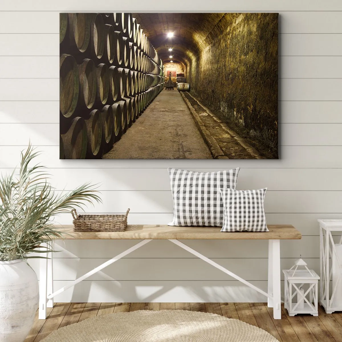Canvastavla - Bild på duk - En källare med trävinfat arrangerade i rader - 70x50cm - Det är bra att kunna ligga - Modern väggdekoration för vardagsrum och sovrum ARTTOR