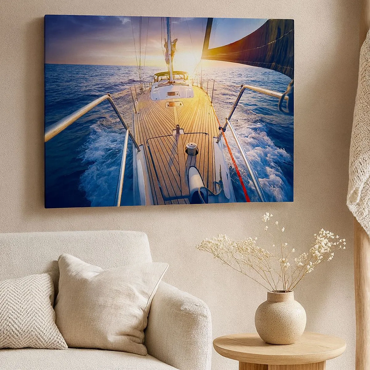 Canvastavla - Bild på duk - Yacht till sjöss under solnedgången - 70x50cm - Springa på vågorna - Modern väggdekoration för vardagsrum och sovrum ARTTOR