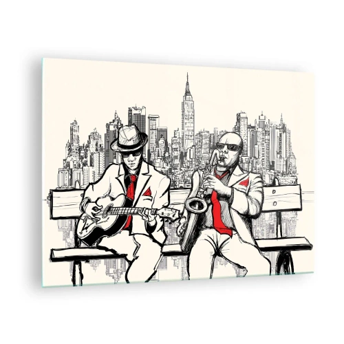 Glastavla - Bild på glas - Två jazzmusiker spelar mot bakgrund av stadens silhuett - 70x50cm - New Yorks improvisation - Modern väggdekoration för vardagsrum och sovrum ARTTOR