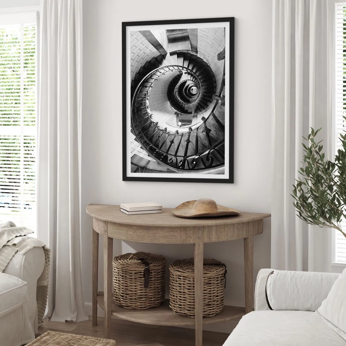 Affisch i svart ram - Spiraltrappa i svartvitt perspektiv - 50x70cm - Högre och högre - Modern väggdekoration för vardagsrum och sovrum ARTTOR