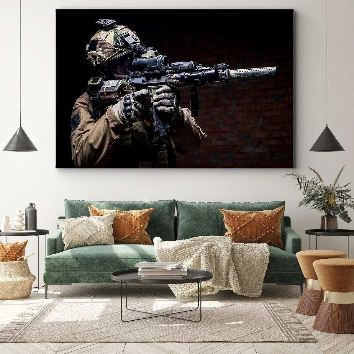 Canvastavla - Bild på duk - En soldat i full utrustning med ett gevär - 70x50cm - Dödligt effektiv - Modern väggdekoration för vardagsrum och sovrum ARTTOR