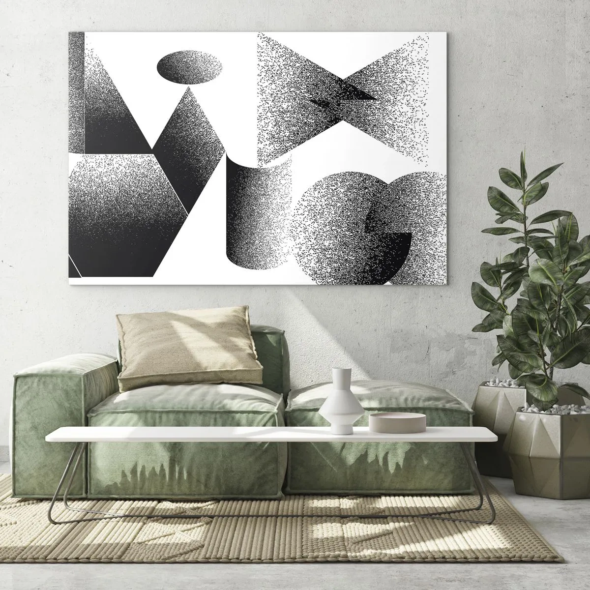 Glastavla - Bild på glas - Svartvit abstraktion med geometriska former - 70x50cm - Vinklar och ovaler - Modern väggdekoration för vardagsrum och sovrum ARTTOR