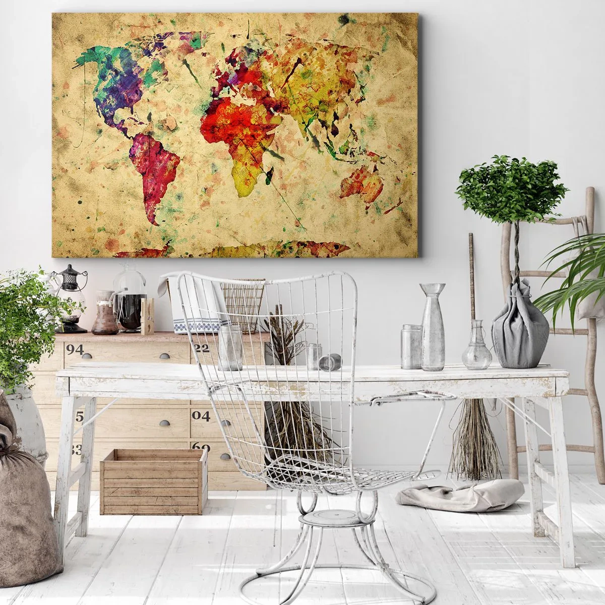 Canvastavla - Bild på duk - En färgstark, konstnärlig tolkning av världskartan - 70x50cm - Livet som färgglatt kartpapper - Modern väggdekoration för vardagsrum och sovrum ARTTOR