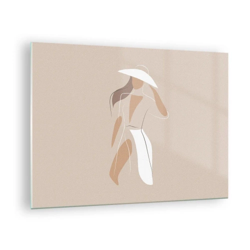 Glastavla - Bild på glas - Stiliserad figur av en kvinna i vit hatt - 70x50cm - Mode är lek - Modern väggdekoration för vardagsrum och sovrum ARTTOR