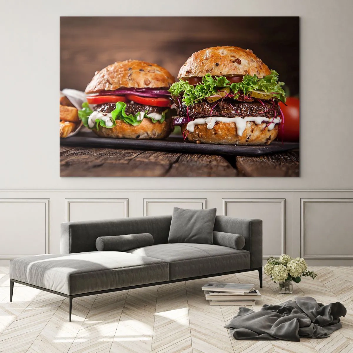 Glastavla - Bild på glas - Aptitretande hamburgare med grönsaker och sås - 70x50cm - American dream - Modern väggdekoration för vardagsrum och sovrum ARTTOR