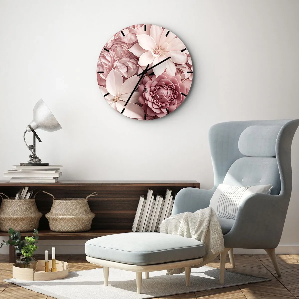 Väggklocka - Klocka på glas - En komposition av rosa blommor i olika nyanser och former - 30x30cm - I rosa kronblad - Modern väggdekoration för vardagsrum, kök och sovrum ARTTOR