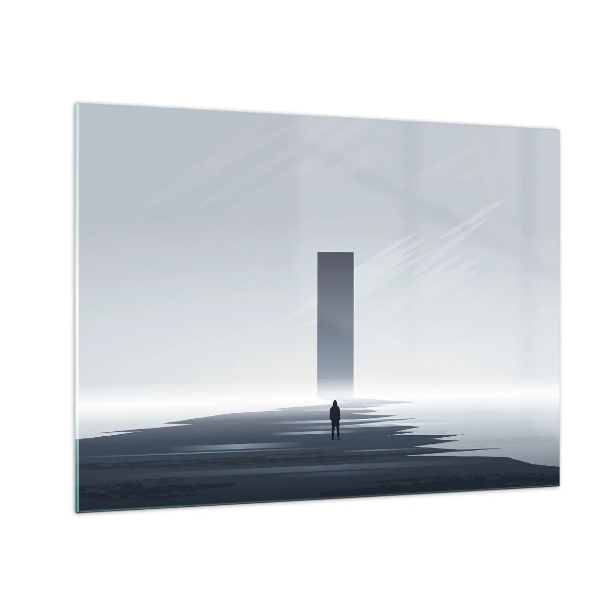 Glastavla - Bild på glas - Ett minimalistiskt landskap med en figur och en monolit i fjärran. - 70x50cm - Möjlighet eller hot? - Modern väggdekoration för vardagsrum och sovrum ARTTOR