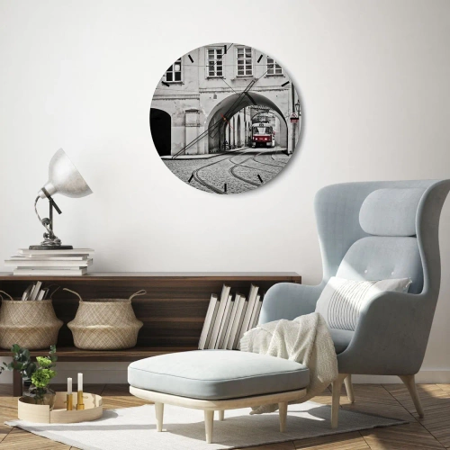 Väggklocka - Klocka på glas - Genom stadens labyrint - 40x40 cm