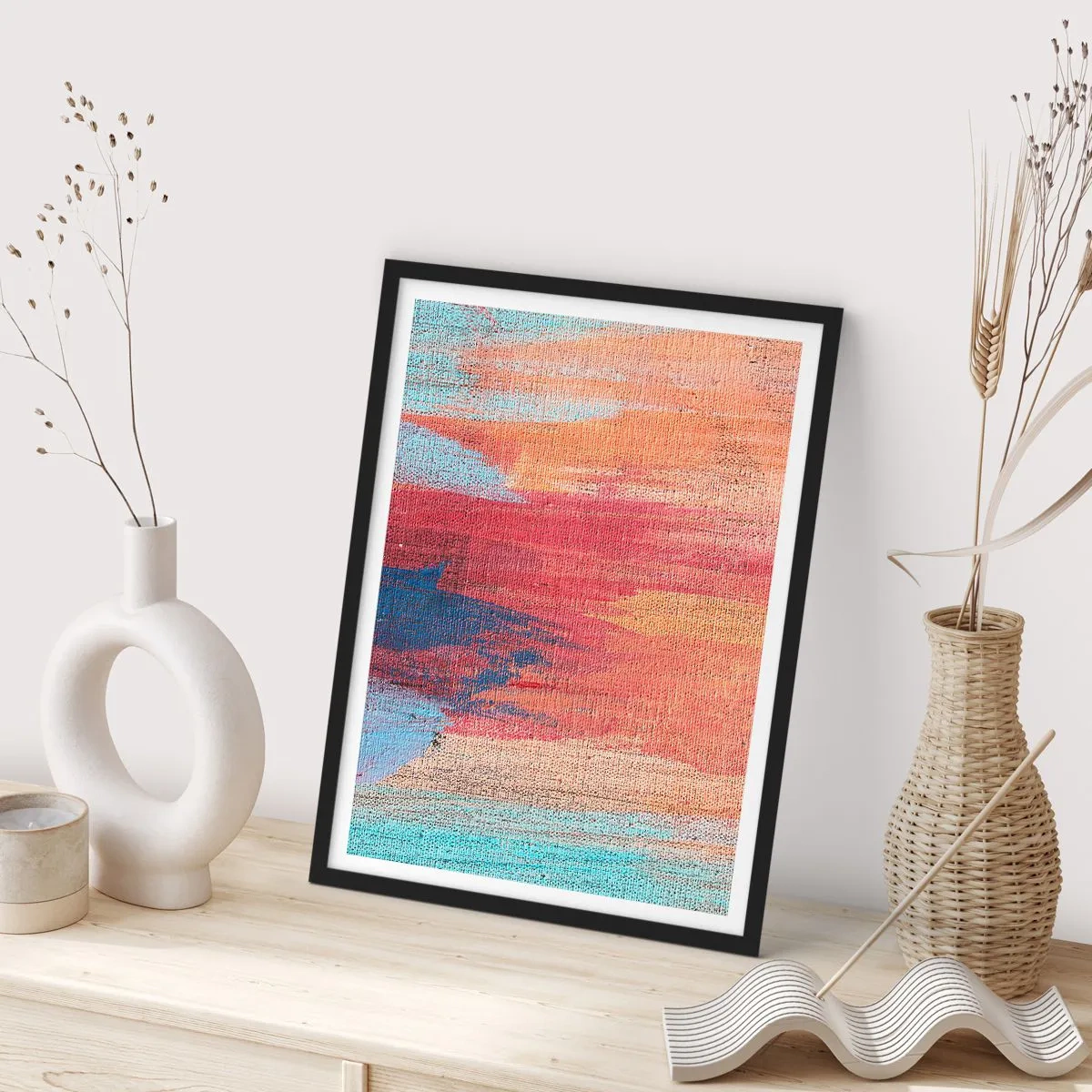 Affisch i svart ram - Abstrakta penseldrag i varma och kalla toner - 50x70cm - Rinnande regnbåge - Modern väggdekoration för vardagsrum och sovrum ARTTOR