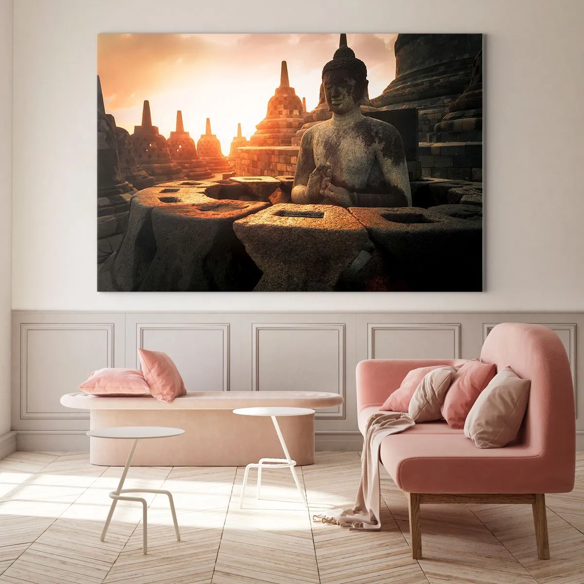 Glastavla - Bild på glas - En Buddhastaty upplyst av den nedgående solen i ett forntida tempelkomplex - 70x50cm - Stora visdomens väder - Modern väggdekoration för vardagsrum och sovrum ARTTOR