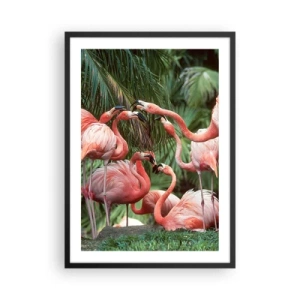 Affisch i svart ram - Rosa flamingos i en exotisk miljö med palmer - 50x70cm - Eftermiddags skvaller - Modern väggdekoration för vardagsrum och sovrum ARTTOR