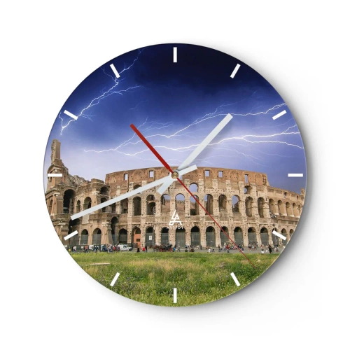 Väggklocka - Klocka på glas - Colosseum upplyst av blixtar mot en mörk himmel - 30x30cm - Kamparena - Modern väggdekoration för vardagsrum, kök och sovrum ARTTOR