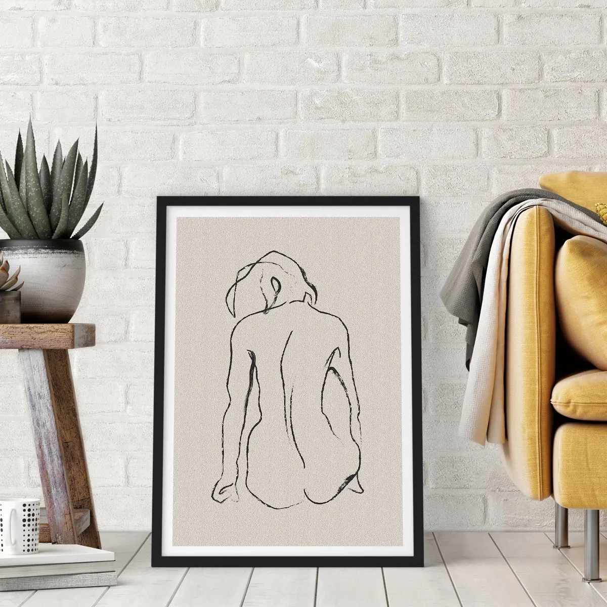 Affisch i svart ram - En minimalistisk skiss av en naken kvinna som sitter baklänges. - 50x70cm - Naken flicka - Modern väggdekoration för vardagsrum och sovrum ARTTOR