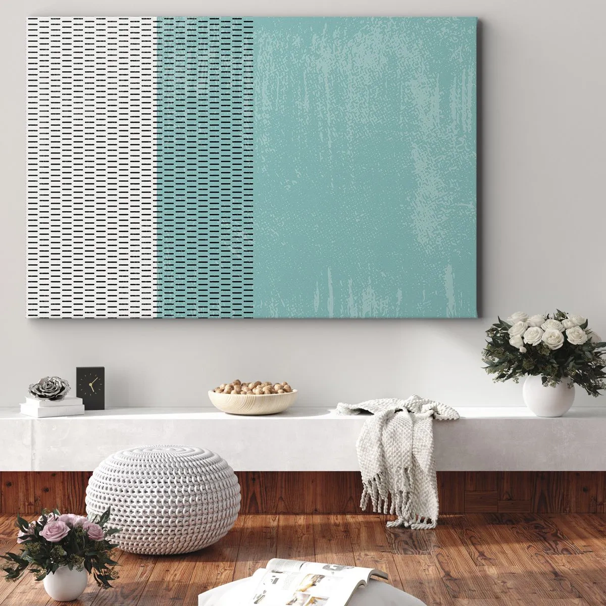 Canvastavla - Bild på duk - Geometrisk komposition med turkos och linjer - 70x50cm - Balanserad komposition - Modern väggdekoration för vardagsrum och sovrum ARTTOR