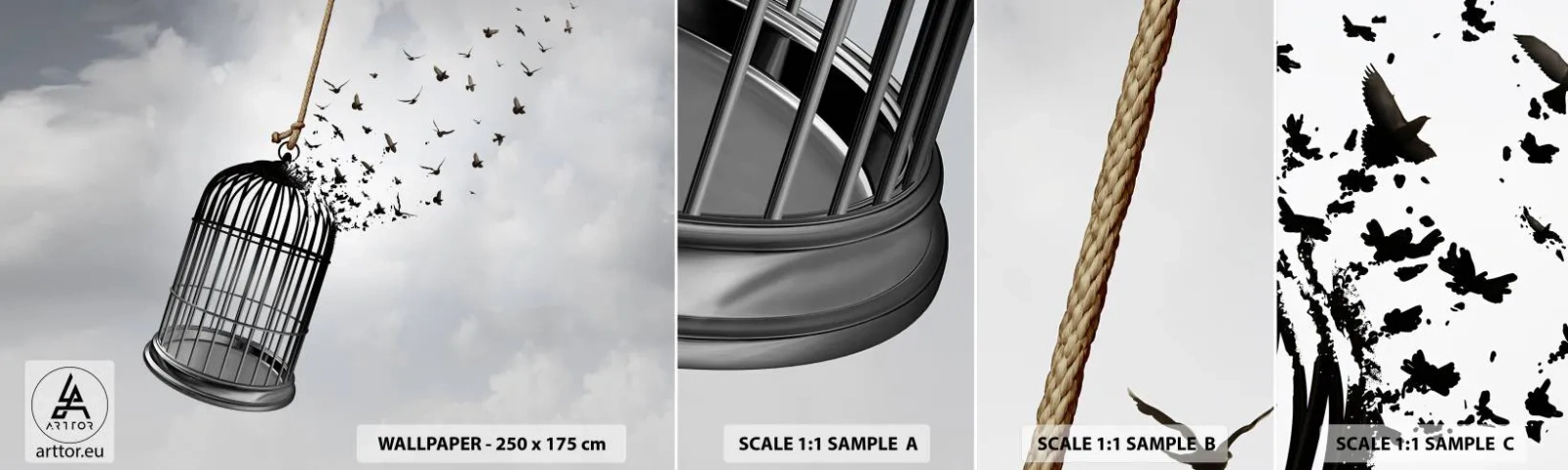 Fototapet Prov Standard Eco - Tro...Hopp...Frihet! - Abstraktion, Fåglar, Bit - 100x30 cm