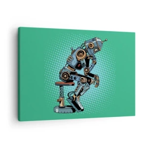 Canvastavla - Bild på duk - Pop art-stil tänkarrobot på en grön bakgrund - 70x50cm - Över existensens mening - Modern väggdekoration för vardagsrum och sovrum ARTTOR