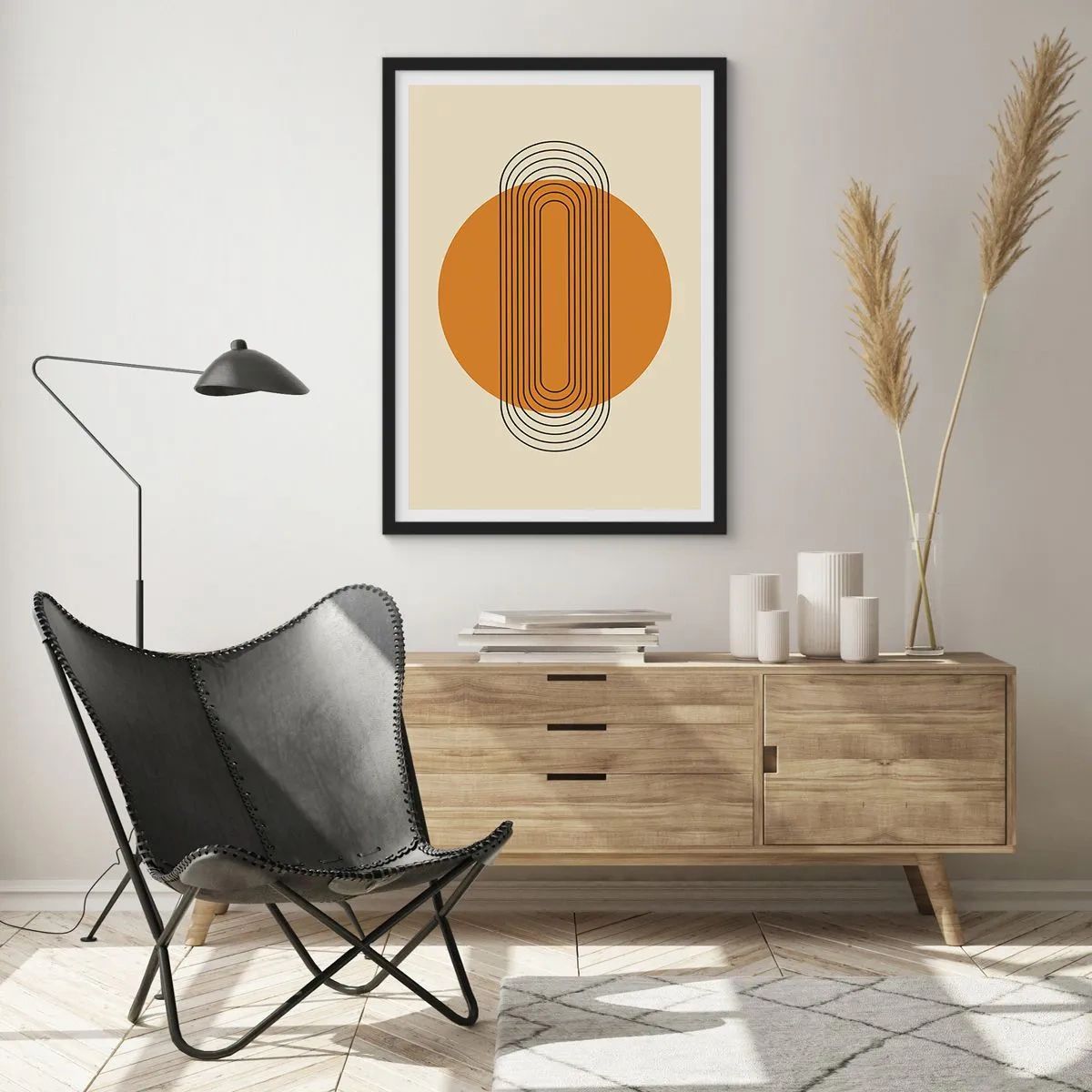 Affisch i svart ram - Geometriskt mönster med orangea cirklar och linjer - 50x70cm - Perfekt plan - Modern väggdekoration för vardagsrum och sovrum ARTTOR