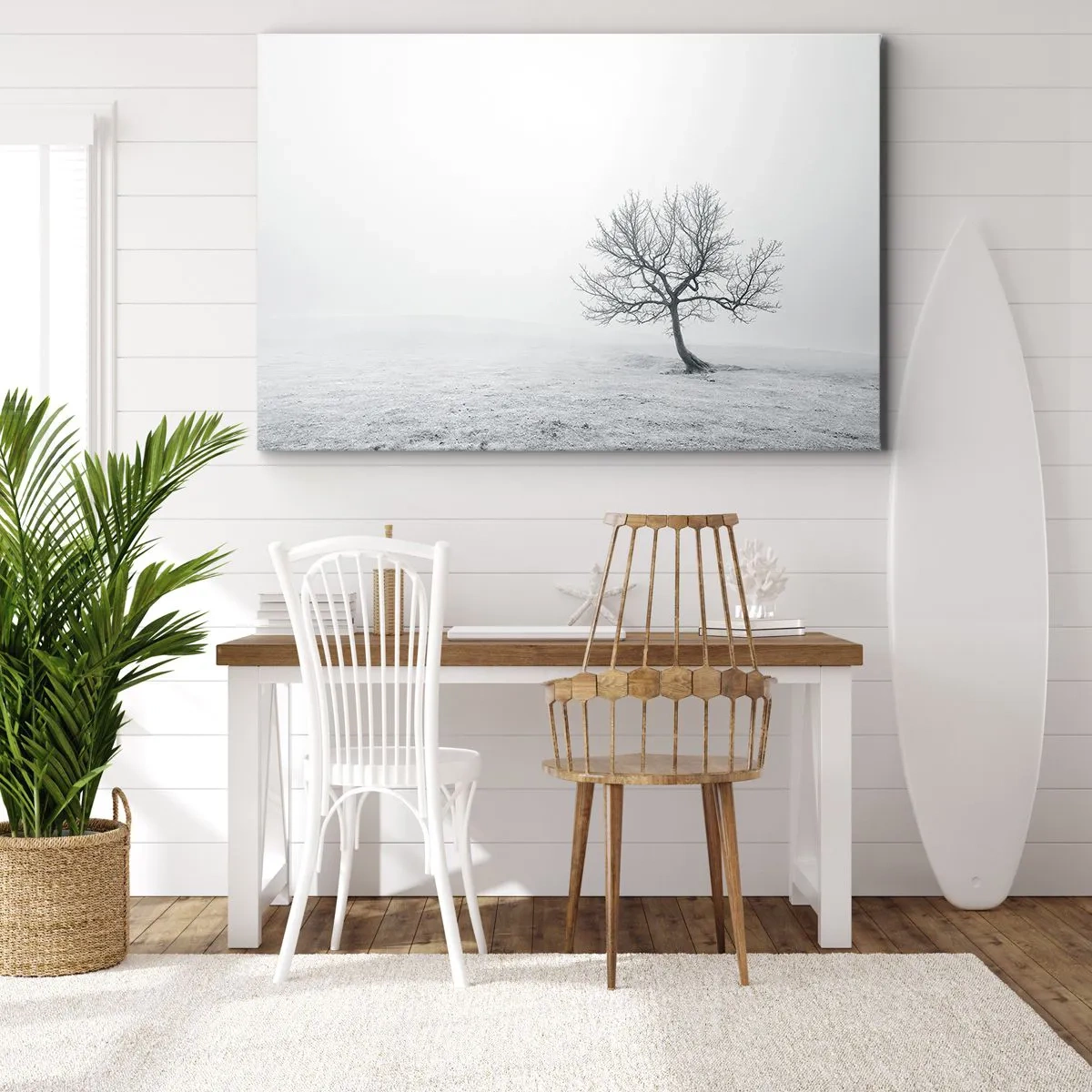 Canvastavla - Bild på duk - Ett ensamt träd i vinterdimman i ett tomt fält - 70x50cm - Mot intet - Modern väggdekoration för vardagsrum och sovrum ARTTOR