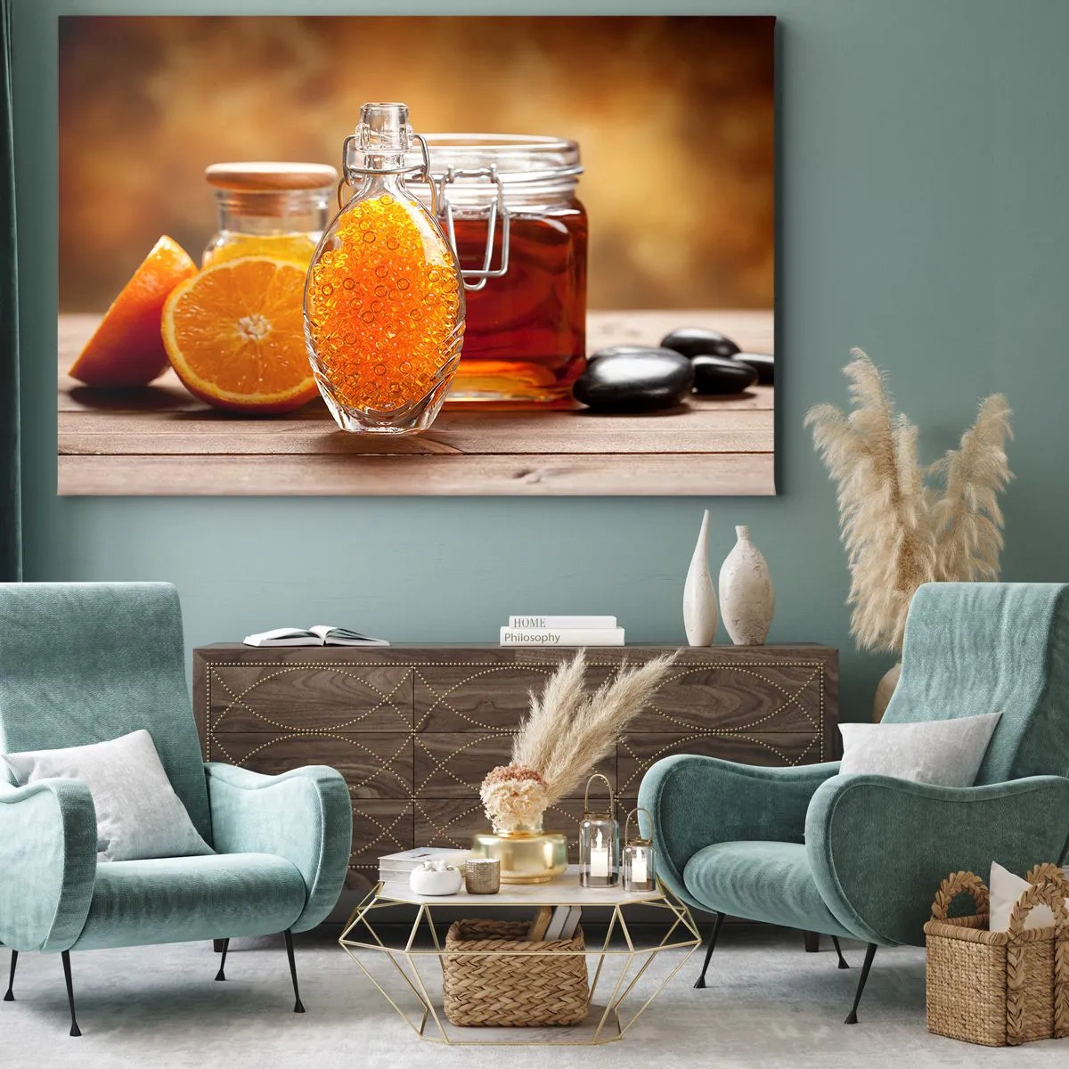 Canvastavla - Bild på duk - En flaska bärnstensfärgad vätska och färska apelsiner - 70x50cm - Soliga smaker och aromer - Modern väggdekoration för vardagsrum och sovrum ARTTOR