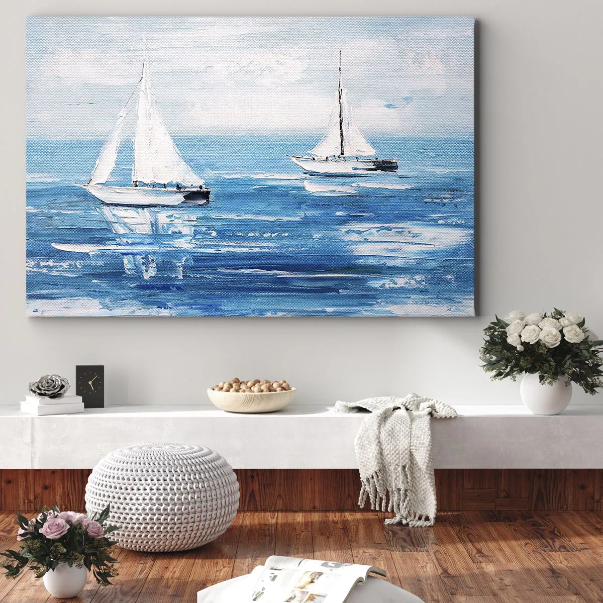 Canvastavla - Bild på duk - Yachter på det blå havet i konstnärlig stil - 70x50cm - Med en vän vid din sida - Modern väggdekoration för vardagsrum och sovrum ARTTOR