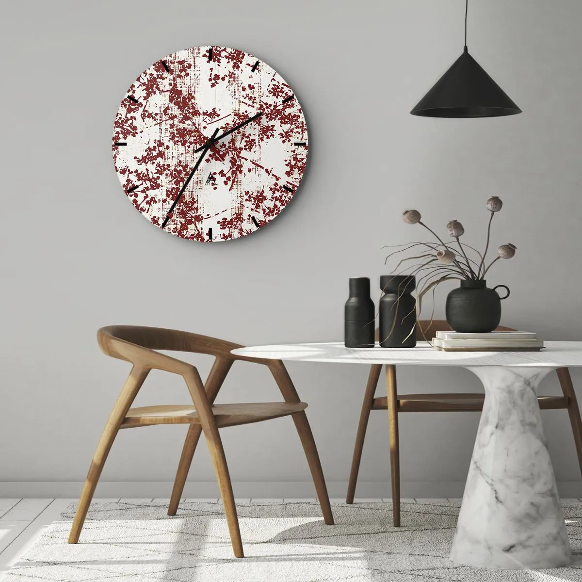 Väggklocka - Klocka på glas - Rött blommönster på vit bakgrund i vintagestil - 30x30cm - Som en gammal percale - Modern väggdekoration för vardagsrum, kök och sovrum ARTTOR