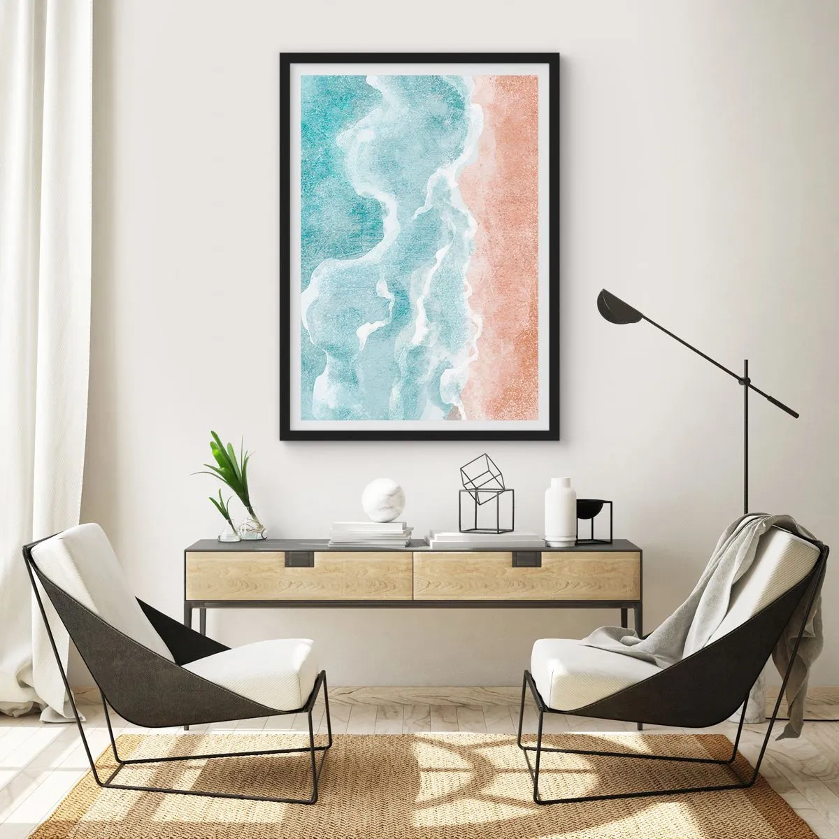 Affisch i svart ram - Havsvågor som möter sandstranden - 50x70cm - Abstraktion i moln - Modern väggdekoration för vardagsrum och sovrum ARTTOR