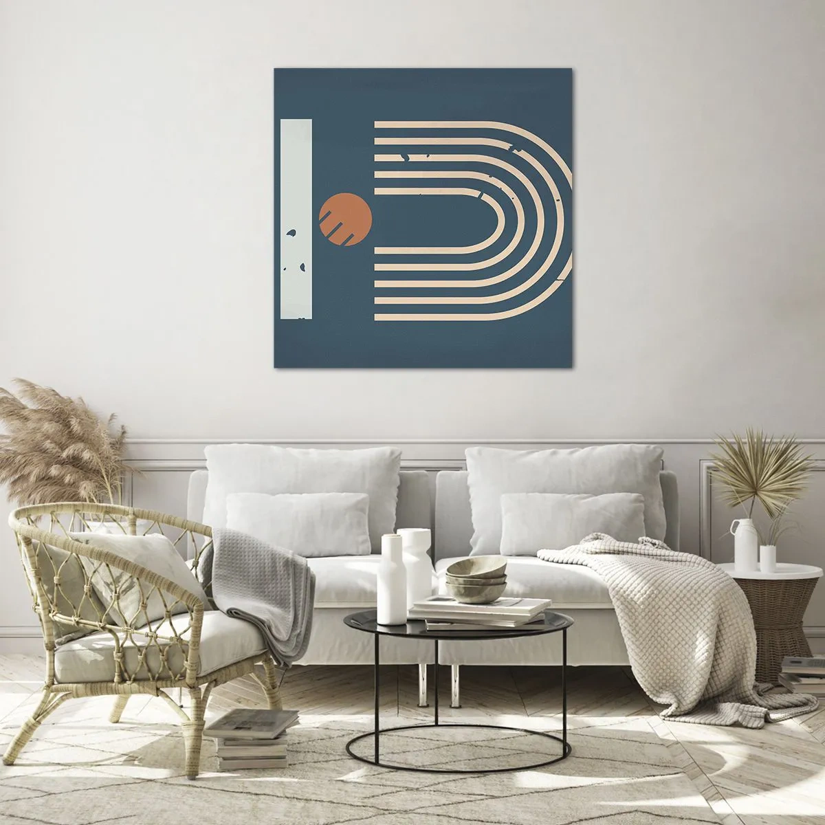 Glastavla - Bild på glas - Geometri mot mörkblå bakgrund - 70x70 cm
